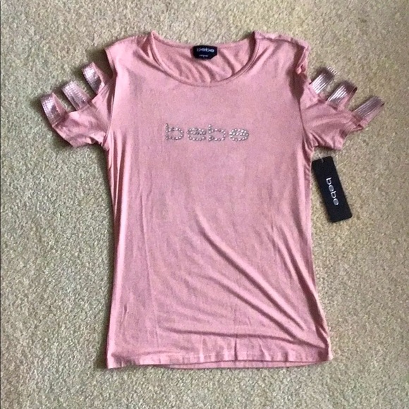 SOLD - Bebe Logo Tee - Cutout Sleeves - Misty Pink - NWT - Picture 1 of 12